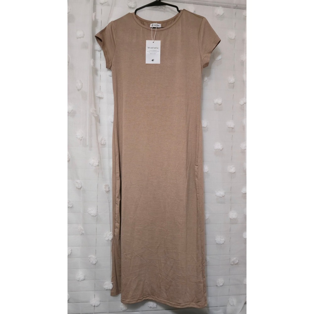 Wenrine Womens Khaki Tan Short Sleeve Maxi Dress Crew Neck Side Slit Size Small - Picture 1 of 5